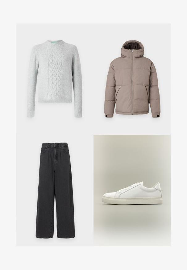 Brun polstret jakke med hætte, frontlynlås, sidelommer og elastiske manchetter; stoffet har en glat tekstur med en subtil glans.; Lysegrå strikket sweater med kabelstrikmønster på brystet, rund hals, lange ærmer og ribbede manchetter og bund. Glat tekstur, minimal branding.; Bredde ben, høj talje sorte denimbukser med frontknap og lynlås, der har sidelommer og en glat overflade.; Hvid lavtop sneaker med snørebånd foran og tyk sål, vist fra siden mod en neutral baggrund.