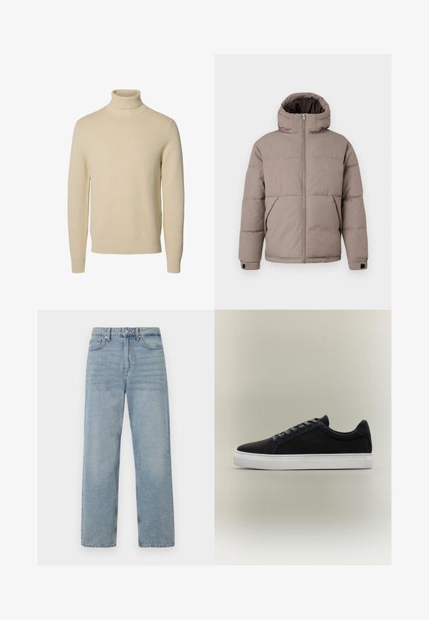 Brun polstret jakke med hætte, frontlynlås, sidelommer og elastiske manchetter; stoffet har en glat tekstur med en subtil glans.; Beige strikket rullekravesweater med lange ærmer og ribstrikkede manchetter og kant, vist på en ensfarvet hvid baggrund.; Lys blå denim jeans med høj talje, lige ben-design, fem-lommes styling og subtil falming for et slidt udseende.; Sort lavsko-sneaker med hvid gummisål, snøredesign og polstret krave vist på en neutral grå baggrund.