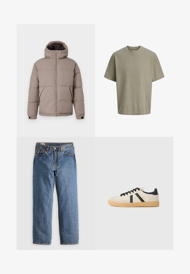 Chaqueta acolchada marrón con capucha, cierre frontal de cremallera, bolsillos laterales y puños elásticos; la tela presenta una textura suave con un ligero brillo.; Camiseta de manga corta, de punto acanalado, con cuello redondo, en verde oliva apagado, mostrada sobre un fondo blanco.; Jeans de mezclilla azul con un corte recto, que cuentan con una cintura alta, remaches de cobre y costuras naranjas. Incluyen bolsillos delanteros y traseros.; Zapatillas casuales en crema con rayas negras, con parte superior texturizada y suela de goma. Los cordones son negros. Logo sutil en el costado.