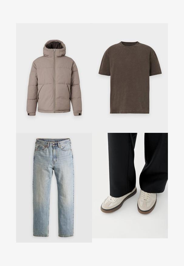 Veste matelassée marron avec capuche, fermeture éclair à l'avant, poches latérales et poignets élastiques ; le tissu présente une texture lisse avec un éclat subtil.; T-shirt marron foncé à manches courtes en tissu doux. Il dispose d'un col rond et d'une coupe décontractée, avec une texture lisse et un design minimaliste.; Jean en denim bleu clair à taille haute, avec bouton avant, fermeture éclair et design à cinq poches, posé à plat sur un fond neutre.; Pieds portant des baskets beige avec des semelles marron et un pantalon noir à jambes larges sur fond blanc.