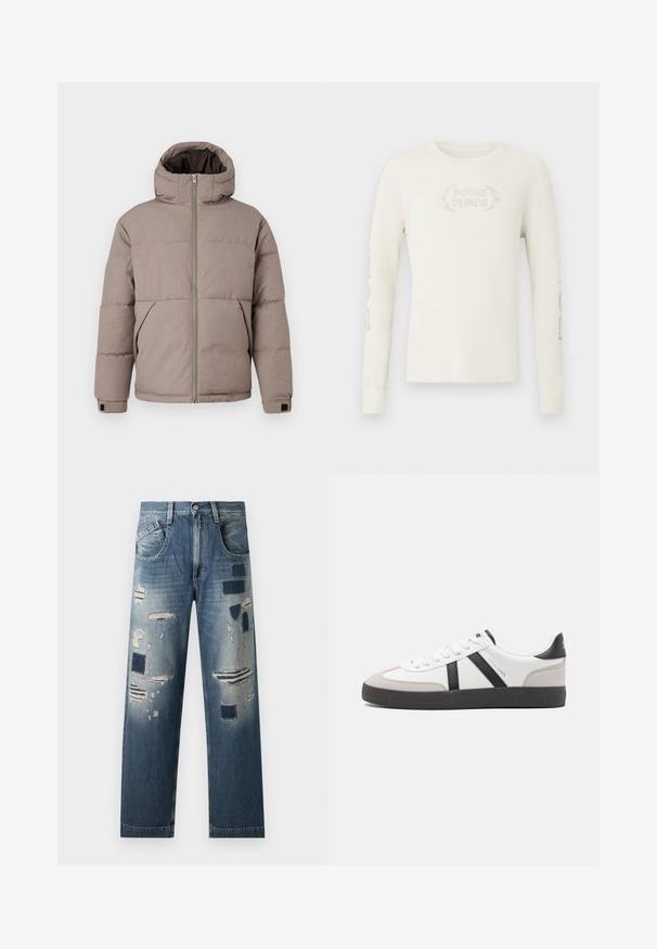 Braune gepolsterte Jacke mit Kapuze, Frontreißverschluss, Seitentaschen und elastischen Bündchen; der Stoff hat eine glatte Textur mit einem dezenten Glanz.; Langärmeliges, cremefarbenes, geripptes T-Shirt mit der Stickerei "DODGE DEMON" auf der Vorderseite und Grafiken auf dem rechten Ärmel. Weiche Textur.; Jeans aus Denim mit abgenutzten Flicken und verschiedenen Blautönen, im geraden Schnitt und mit klassischem Fünf-Taschen-Design.; Weiße Sneaker mit schwarz- und grau-aczenten, ausgestattet mit einer strukturierten grauen Zehenkappe, schwarzer Gummi-Sohle und flachen weißen Schnürsenkeln. Sauberes Design, minimalistische Stil.