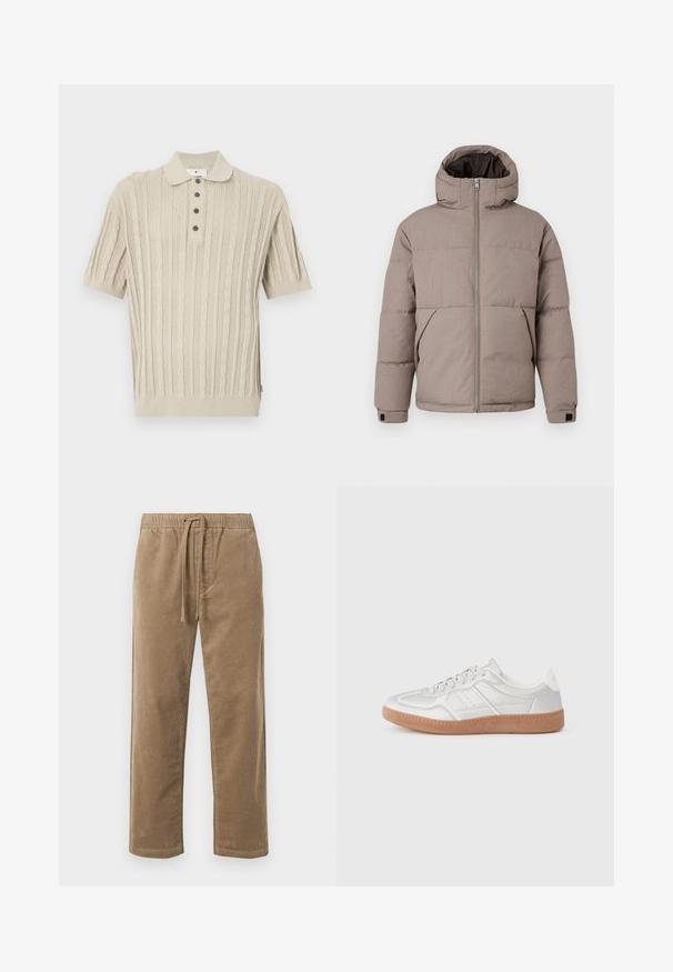 Veste matelassée marron avec capuche, fermeture éclair à l'avant, poches latérales et poignets élastiques ; le tissu présente une texture lisse avec un éclat subtil.; Polo beige à manches courtes avec un motif en maille torsadée texturée, trois boutons foncés au col et un ourlet côtelé.; Pantalon en velours côtelé brun avec taille élastique et cordon de serrage, offrant une coupe décontractée et des jambes droites, surface texturée avec un motif côtelé.; Baskets argentées avec une texture lisse, un design à lacets, des accents perforés et une semelle en caoutchouc marron texturé.