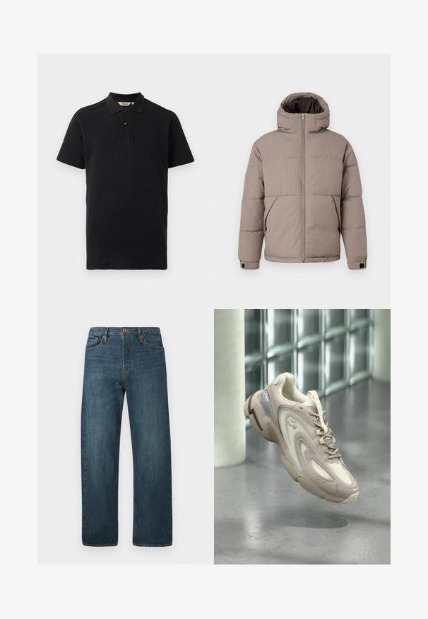 Brun polstret jakke med hætte, frontlynlås, sidelommer og elastiske manchetter; stoffet har en glat tekstur med en subtil glans.; Sort polo shirt lavet af tekstureret bomuld. Har en to-knaps placket, korte ærmer og et diskret broderet logo på brystet.; Mørkeblå straight-leg denim jeans med fem lommer, knaplukning og bæltestropper på en ensfarvet hvid baggrund.; Lysebeige sneaker med et elegant design, teksturerede overlays, en polstret sål og en gennemsigtig sektion på siden.
