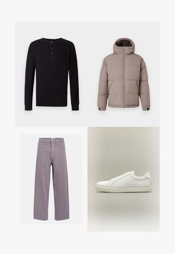 Bruin gewatteerd jack met een capuchon, voorrits, zijzakken en elastische manchetten; de stof heeft een gladde textuur met een subtiele glans.; Zwarte langelijf henley-shirt met een drieknoopsluiting bij de hals, zachte textuur en geribbelde manchetten, met een klassieke pasvorm en minimalistisch ontwerp.; Rechtemodel spijkerbroek in lavendelgrijs met voor- en achterzakken, riemlussen en een knoopsluiting bij de taille.; Witte lage sneaker met veters aan de voorkant en dikke zool, zijaanzicht tegen een neutrale achtergrond.