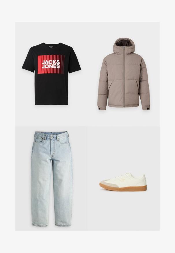 Brun polstret jakke med hætte, frontlynlås, sidelommer og elastiske manchetter; stoffet har en glat tekstur med en subtil glans.; Sort t-shirt med korte ærmer, der har et rødt rektangulært grafisk design med lodrette linjer og teksten "JACK & JONES" i hvid.; Lysblå denimjeans med lige ben, fem lommer og knap-fly lukning; har slidte områder og subtile syninger.; Sneaker lavet af hvid læder med en beige tåhætte og let brunt gummisål. Har flade hvide snørebånd og prægede branding på siden.