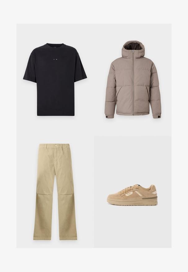 Braune gepolsterte Jacke mit Kapuze, Frontreißverschluss, Seitentaschen und elastischen Bündchen; der Stoff hat eine glatte Textur mit einem dezenten Glanz.; Oakley RISE TEE - T-Shirt basic - blackout; Beige gerade geschnittene Hose mit Druckknopfverschluss, Gürtelschlaufen und Nahtdetails an den Knien, flach auf einem weißen Hintergrund ausgelegt.; Tanfarbener Wildleder-Sneaker mit rundem Zehenbereich, Schnürung vorne und gepolstertem Schaft. Verfügt über eine strukturierte Zwischensohle und dezente Branding-Akzente an der Seite.