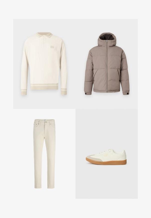 Braune gepolsterte Jacke mit Kapuze, Frontreißverschluss, Seitentaschen und elastischen Bündchen; der Stoff hat eine glatte Textur mit einem dezenten Glanz.; Beige langärmeliges Poloshirt aus strukturiertem Strick mit einem geknöpften Kragen sowie Streifen am Saum und an den Bündchen. Verfügt über dezente Markenkennzeichnung auf der Brust.; Beige Denimhosen mit geradem Bein, fünf Taschen, Metallknopf und subtiler Textur. Schlichter und vielseitiger Stil.; Sneaker aus weißem Leder mit einer beigen Zehenkappe und leichter brauner Gummisohle. Verfügt über flache weiße Schnürsenkel und geprägtes Branding an der Seite.