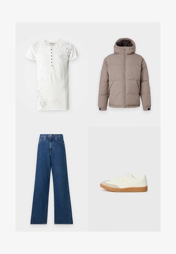 Veste matelassée marron avec capuche, fermeture éclair à l'avant, poches latérales et poignets élastiques ; le tissu présente une texture lisse avec un éclat subtil.; T-shirt blanc à manches courtes avec un motif texturé de cuir de serpent et une patte de boutonnage comportant des boutons gris foncé le long du centre.; Jean en denim bleu à jambes larges avec une taille haute, présentant des passants de ceinture et des poches avant. Le tissu a une texture lisse et des coutures minimales.; Baskets en cuir blanc avec une coque beige et une semelle en caoutchouc marron clair. Dotées de lacets blancs plats et d'un logo embossé sur le côté.