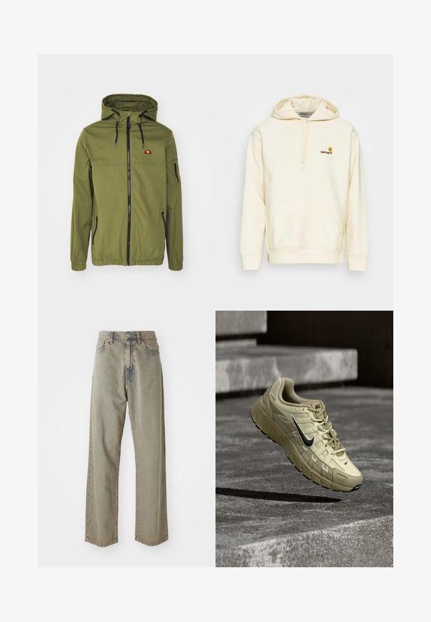 Olivengrøn vandtæt jakke med frontlynlås, justerbar hætte, elastiske manchetter og sidelommer. Har logo på brystet.; Pullover hoodie i off-white bomuldsblanding. Har en forlomme, snøre i hætten og en broderet logo i brun og gul på brystet.; Lys grå brede jeans i denim, med en falmet tekstur, synlige syninger og traditionel knap- og lynlåslukning.; Beige Nike løbesko med sort swoosh, svevende i luften over betonstrin, der viser den teksturerede sål og overdel i meshstof.