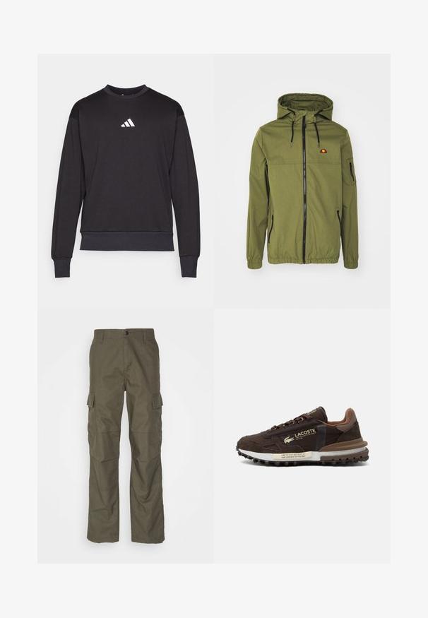 Olivengrøn vandtæt jakke med frontlynlås, justerbar hætte, elastiske manchetter og sidelommer. Har logo på brystet.; Sort sweatshirt med lange ærmer, ribbede manchetter og kant; har et hvidt Adidas-logo på brystet, fremstillet af blødt, tekstureret stof.; Olivenfarvede cargo bukser med lige snit, lavet af tekstureret stof. Har store sidelommer og knaplukning.; Brun Lacoste sneaker med blandet ruskind og stof, struktureret sål, logo og trykt tekst på siden og mellemsålen.