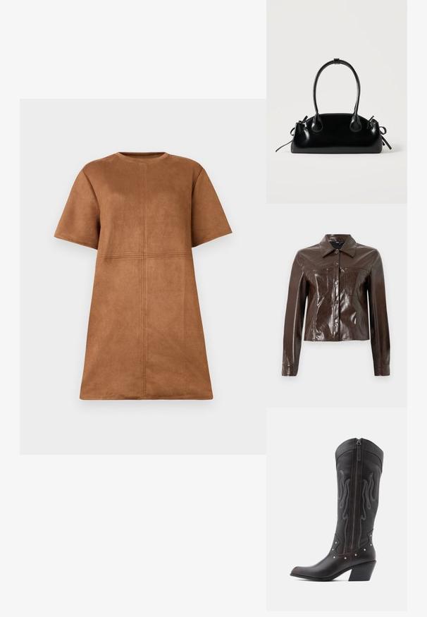 Braune Kunstlederjacke mit strukturiertem Design, ausgestattet mit einem Kragen, vorderen Knöpfen und zwei Brusttaschen. Glatte, glänzende Textur.; Braunes Wildleder-Kleid mit kurzen Ärmeln und Rundhalsausschnitt, mit vertikalen und horizontalen Nahtdetails auf der Vorderseite.; Braune Cowboy-Stiefel aus Leder mit Flammenstickerei, seitlichem Reißverschluss, silbernen Nieten, spitzer Zehenpartie und geschichtetem Absatz.; Kleine schwarze glänzende Handtasche mit zwei langen Griffen und seitlichen Kordelzug-Details vor einfachem hellem Hintergrund.
