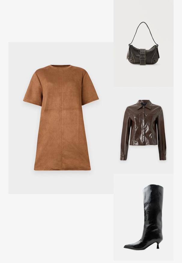 Chaqueta de cuero sintético marrón con un diseño estructurado, que presenta un cuello con solapa, botones en la parte delantera y dos bolsillos en el pecho. Textura suave y brillante.; Vestido corto de ante marrón con mangas cortas, escote de barco y detalles de costura vertical y horizontal en el frente.; Bota negra de cuero brillante hasta la rodilla con punta puntiaguda y tacón bajo curvado sobre un fondo claro y liso.; Bolso de hombro de cuero negro con detalle de correa con hebilla, bordes curvos y costuras blancas en contraste sobre un fondo liso.