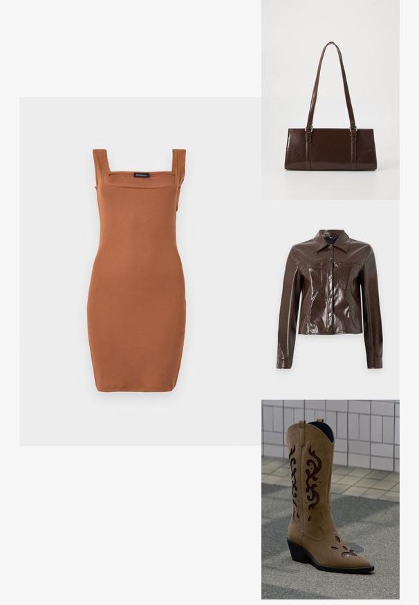 Veste en cuir synthétique marron avec un design structuré, présentant un col, des boutons à l'avant et deux poches poitrine. Texture lisse et brillante.; Robe sans manches, col carré, ajustée jusqu’au genou en tissu côtelé marron, présentée sur un fond uni gris clair.; Botte de cowboy en daim beige avec des découpes décoratives marron foncé et des coutures, posée sur un trottoir devant un mur carrelé.; Sac à main en cuir verni marron de forme rectangulaire, avec deux longues poignées et des accents courbés subtils à l'avant.