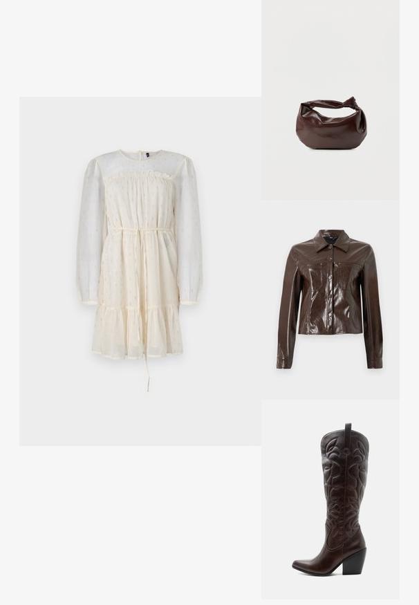 Veste en cuir synthétique marron avec un design structuré, présentant un col, des boutons à l'avant et deux poches poitrine. Texture lisse et brillante.; Robes crème avec de longues manches bouffantes en voile, un corsage froncé et une jupe à niveaux. Présente des accents subtils en argent et une taille à cordon.; Botte de cowboy haute en cuir marron foncé avec motifs décoratifs cousus, bout pointu et talon bloc empilé.; Sac bandoulière en cuir marron foncé avec une forme souple et décontractée et une anse nouée torsadée sur un fond blanc uni.