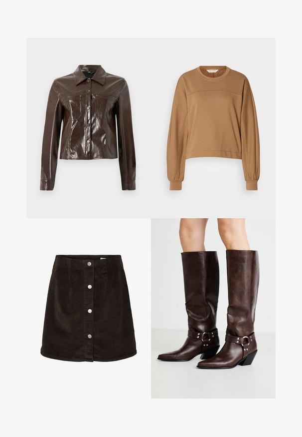 Bruine faux leren jas met een gestructureerd ontwerp, voorzien van een kraag, knopen aan de voorkant en twee borstzakken. Glad, glanzend textuur.; Korte, lange mouwen sweatshirt in lichtbruin. Gemaakt van zacht materiaal met een ronde halslijn en geplooide mouwmanchetten. Eenvoudig naaddetail.; Donkerbruine corduroy A-lijn rok met vijf zilveren drukknoopjes aan de voorkant en een lichte uitloop aan de zoom.; RAID NEVIS - Cowboy-/Bikerlaarzen - brown