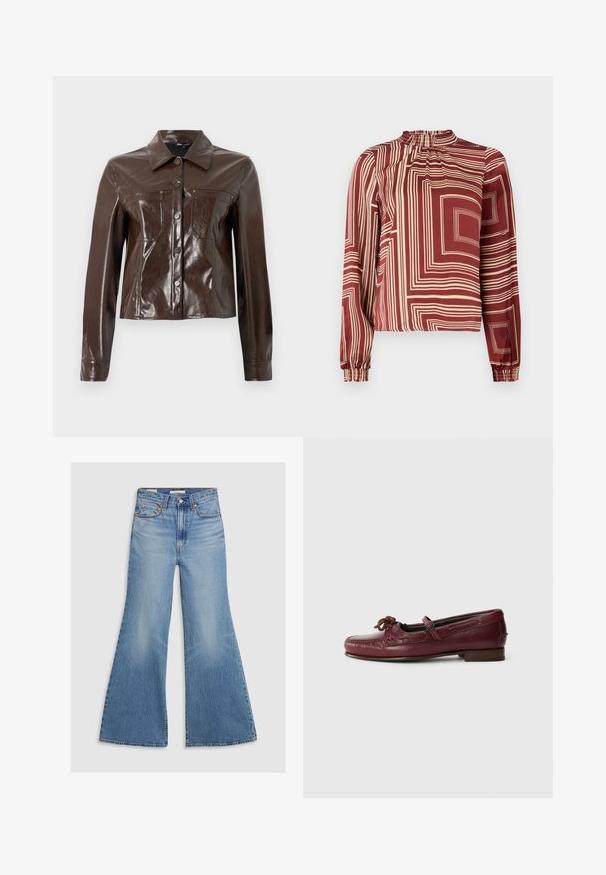 Brun kunstlæderjakke med en struktureret design, der har krave, frontknapper og to brystlommer. Glat, blank overflade.; Langærmet bluse med høj halsudskæring, maroon stof med cremefarvede geometriske linjer og indsamlede manchetter for en afslappet pasform.; Lysvasket denim flared jeans med høj talje, frontlommer og bronze hardware. Stoffet har en falmet tekstur med en glat finish.; Bordeaux læder loafers med en rund tå, dekorativ sløjfedetalje og diskret syning, sat på en lav, flad hæl.
