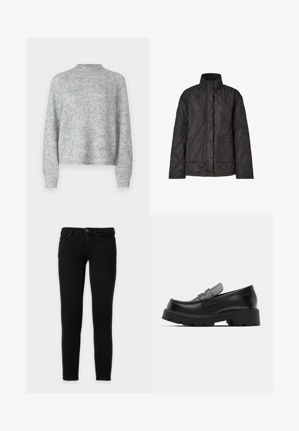 Chaqueta negra acolchada con cuello alto, que presenta un patrón de rombos, dos bolsillos delanteros y mangas largas. Hecha de tela ligera.; Suéter gris claro con cuello alto, mangas largas y un corte holgado. Hecho de un tejido de punto texturizado con variaciones sutiles en el color.; Vaqueros pitillo negros con cierre delantero de botón y cremallera, bolsillos delanteros y traseros, mostrados sobre fondo blanco.; Mocasines de cuero negro con suela gruesa y texturizada, que presentan una correa sobre el empeine y un acabado suave y pulido.