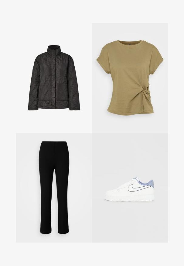 Veste matelassée noire avec col montant, présentant un motif en losanges, deux poches avant et des manches longues. Fabriquée en tissu léger.; T-shirt vert olive à manches courtes avec un détail de nœud tordu à la taille. Fabriqué en coton doux, il présente un col rond.; Pantalons en maille côtelée noire avec une taille élastique, présentant une silhouette ajustée, des jambes droites et une texture subtile.; Baskets blanches Nike Air Force 1 avec une tige en cuir lisse, des accents bleu clair, un pied perforé et une semelle épaisse en caoutchouc.