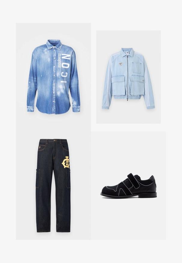 Lyseblå denimjakke med fuld lynlås, krave, tre lommer, hvide sidelommer og en hvid patch på venstre bryst.; Lyseblå denimskjorte med frontknaplukning, lange ærmer, krave og hvidt trykt tekst "DSQUARED2 ICON" med malerstænkdetaljer.; Mørk denim cargo bukser med et guldlogo på låret, to sidelommer og kontrasterende gul syning langs sømmene.; Sort herresko til fest med velcrolukning, snøredetalje, ruskind- og lædermaterialer samt en lav hæl mod en ensfarvet hvid baggrund.