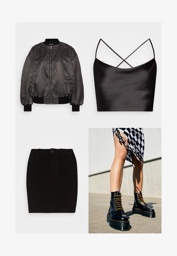 Čierna bombera bunda z hladkého, lesklého materiálu so zipsom na prednej strane, rebrovaným golierom a manžetami a bočnými vreckami. Má uvoľnený strih.; Even&Odd by Zalando Top - black; Pieces PCSKIN SLIM SHORT SKIRT - Minisukňa - black; Čierne kožené platformové čižmy s masívnymi podrážkami, zlatými šnúrkami a oranžovým prešívaním, skombinované s kockovanou sukňou s bočným rozparkom.