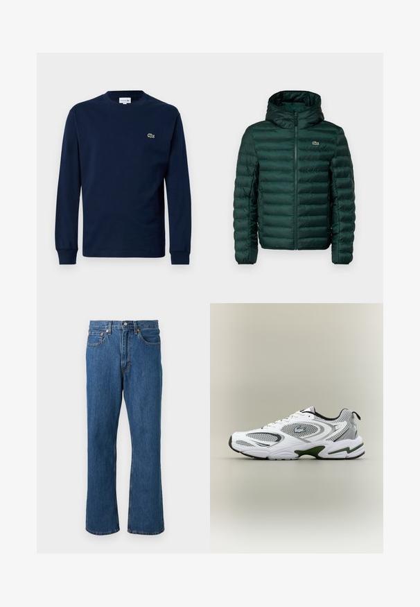 Groene gewatteerde jas met capuchon, voorzien van horizontale gestikte naden, een ritssluiting aan de voorkant en een klein geborduurd logo op de borst.; Marineblauw langemouwen t-shirt van katoen, met een ronde hals en een klein groen krokodil logo op de linkerborst.; Blauwe rechttoe rechtaan denim jeans met voorzijde knoop en rits, vijf zakken en oranje stiksel details op een effen achtergrond.; Witte en grijze sportieve hardloopschoen met meshpanelen, groene accenten, zwarte details en een logo aan de zijkant, getoond vanaf de buitenkant.