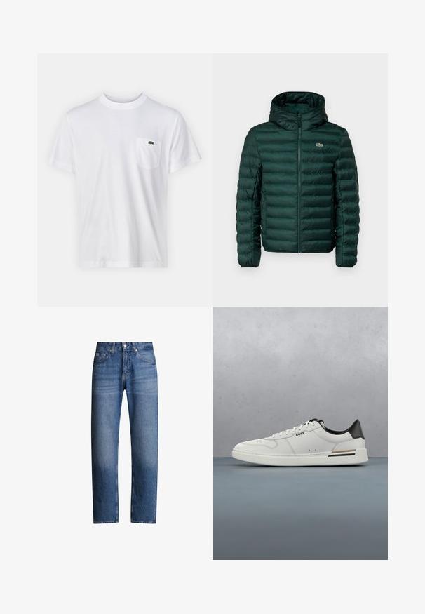Chaqueta verde acolchada con capucha, con costuras horizontales acolchadas, un cierre delantero y un pequeño logotipo bordado en el pecho.; Camiseta de algodón blanca con escote redondo y mangas cortas. Cuenta con un bolsillo en el pecho izquierdo y un pequeño logo verde de Lacoste.; Jeans de mezclilla azul con corte recto, cinco bolsillos y cremallera. Presentan un ligero desgaste y costuras a lo largo de las costuras.; Zapatilla baja blanca con talón negro, cierre con cordones, perforaciones sutiles y el logo "BOSS" en el costado, mostrada desde el perfil exterior.