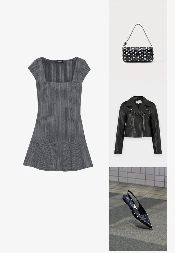Zwarte bikersjas van nepleer met een asymmetrische zilveren ritssluiting en twee ritszakken, met een brede kraag en lange mouwen.; Grijs gestreepte jurk met korte mouwen, een vierkante halslijn en een uitlopende onderkant. Gemaakt van textuurstof, met een ontwerp van verticale strepen.; Zwarte puntige slingback schoen van glad materiaal, voorzien van zilveren studs, een platte zool en een logo op het voetbed.; Zwarte leren handtas met een afgeronde vorm, versierd met zilverkleurige studs. Voorzien van een afneembare riem en ritssluiting. Gladde textuur.