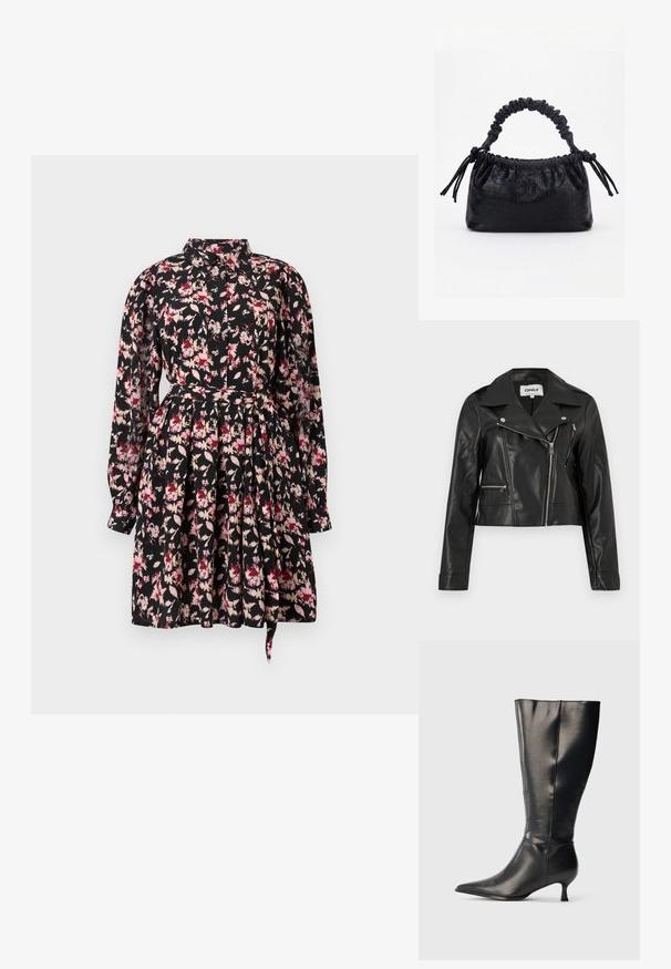 Zwarte bikersjas van nepleer met een asymmetrische zilveren ritssluiting en twee ritszakken, met een brede kraag en lange mouwen.; Floral dress met een zwarte basis, voorzien van roze en crèmekleurige patronen, lange mouwen, een kraag en een taille die is getailleerd met een uitlopende rok.; Zwarte leren kniehoge laars met puntige neus en lage kittenhak, weergegeven op een effen lichte achtergrond.; Zwarte handtas met krokodillenstructuur, geplooide bovenrand, samengevoerde handgreep en koordtassels aan elke kant tegen een witte achtergrond.
