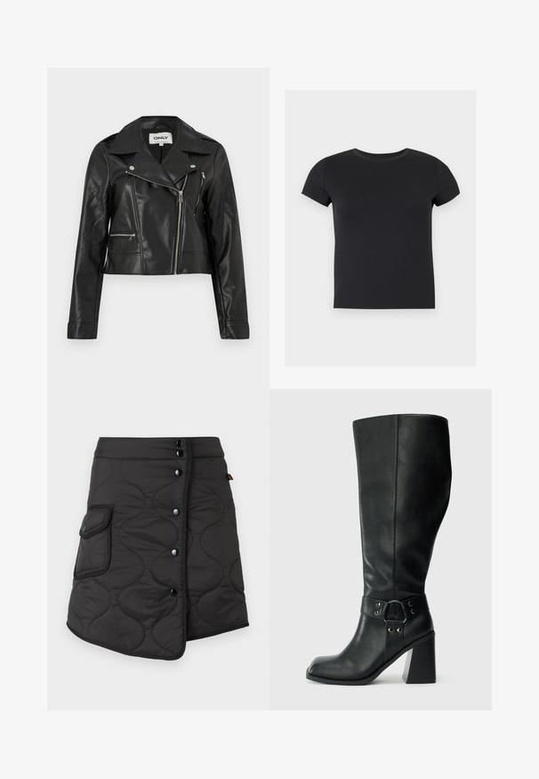 Chaqueta biker de cuero sintético negro con cremallera plateada asimétrica y dos bolsillos con cremallera, con un cuello ancho y mangas largas.; Camiseta lisa negra de manga corta con cuello redondo, mostrada extendida sobre un fondo gris claro.; Falda negra acolchada con un dobladillo asimétrico, que presenta cinco botones oscuros y un bolsillo lateral con detalle de solapa redondeada.; Botas de cuero negro hasta la rodilla con puntera cuadrada, tacón ancho y una correa decorativa con acentos metálicos alrededor del tobillo. Textura suave.