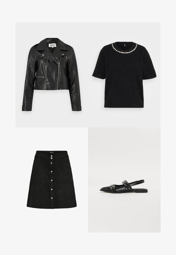 Veste de motard noire en similicuir avec une fermeture éclair argentée asymétrique et deux poches zippées, dotée d'un large col et de longues manches.; Pull en maille noir à manches courtes avec col rond orné d'une seule rangée de petites décorations florales blanches.; Jupe noire trapèze avec fermeture à boutons sur le devant et deux poches plaquées, dotée d'une ceinture étroite et d'une texture de tissu lisse.; Even&Odd by Zalando Ballerines à brides arrière - black
