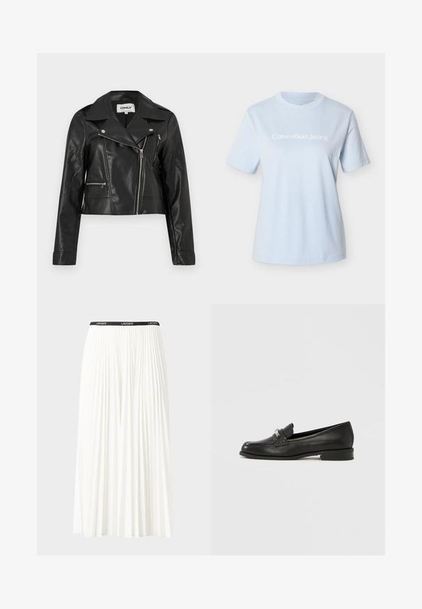 Veste de motard noire en similicuir avec une fermeture éclair argentée asymétrique et deux poches zippées, dotée d'un large col et de longues manches.; T-shirt en coton bleu clair avec manches courtes et col rond, arborant le logo "Calvin Klein Jeans" en blanc de manière bien visible.; Jupe plissée blanche avec une taille élastique noire portant le logo "LACOSTE". Design mi-long avec une texture douce.; Mocassin en cuir noir avec un bout arrondi, une couture discrète et un accent métallique à l'avant. Talon plat avec une finition lisse et brillante.