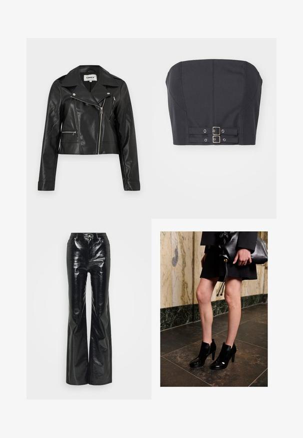 Sort bikerjakke i kunstlæder med asymmetrisk sølvlynlås og to lynlåslommer, med bred krave og lange ærmer.; Sort cropped top uden stropper med struktureret bodice, der har syninge og dobbelte metalspænder foran til lukning.; Sorte faux læder flare bukser med en blank finish, der har en høj talje, forlommer og sølvfarvede hardware-detaljer.; Kvinde iført sorte ankelstøvler og en sort nederdel, der holder en stor sort læder clutch, står på en mørk flisebelagt gulv nær en marmormur.