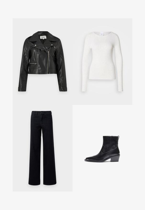 Schwarze Bikerjacke aus Kunstleder mit asymmetrischem silbernem Reißverschluss und zwei Reißverschlusstaschen, ausgestattet mit einem breiten Kragen und langen Ärmeln.; Weißes Langarm-T-Shirt aus weichem, leichtem Stoff mit rundem Ausschnitt und schlanker Passform, das eine dezente Textur aufweist.; Schwarze Denim-Jeans mit weitem Bein und hoher Taille, ausgestattet mit normalen Taschen und einem Knopfverschluss. Glatte Textur mit leichtem Stretch.; Schwarzer Leder-Ankle-Boot mit spitzer Zehe und niedrigem Blockabsatz. Mit einem Seitenreißverschluss und minimalen Nähdetails für ein elegantes Design.