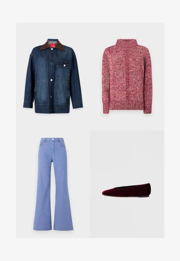 Langærmet mørkeblå denimjakke med brun læderkrave, knaplukning foran, en brystlomme med klap og to nederste påsatte lommer.; Strikket rullekrave sweater i nuancer af rosa og bordeaux. Har et tekstureret mønster samt ribbet kant og ærmekanter. Blødt, mellemvægt stof.; Blå vidbenede bukser med høj talje og hvide, lodrette nålestriber, forreste knaplukning og forlommer på en lys baggrund.; Bourgognefarvede balletflade sko i fløjl med rundet tå og lav hæl, med en glat tekstur og elegant design.