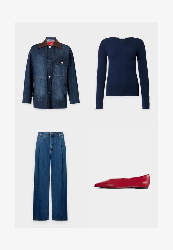 Dunkelblaue Jeansjacke mit langen Ärmeln, braunem Lederkragen, Knopfverschluss vorne, einer Brusttasche mit Klappe und zwei unteren aufgesetzten Taschen.; Marineblauer langärmeliger, figurbetonter Pullover mit rundem Ausschnitt und feiner Strickstruktur, auf weißem Hintergrund dargestellt.; Weite Denim-Hosen in Dunkelblau mit vorderen Falten, einem Knopfverschluss und klassischem Stich entlang der Nähte. Durchgehend glatte Textur.; Roter Leder-Flachschuh mit spitzer Spitze, schwarzer Sohle und niedrigem Absatz, seitlich auf schlichtem hellem Hintergrund dargestellt.