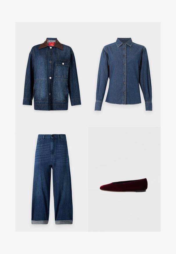 Chaqueta vaquera azul oscuro de manga larga con cuello de cuero marrón, cierre frontal con botones, un bolsillo en el pecho con solapa y dos bolsillos inferiores de parche.; Camisa vaquera azul oscuro de manga larga con cierre de botones delantero, cuello puntiagudo y costuras blancas visibles a lo largo de las costuras y los puños.; Jeans de mezclilla de pierna ancha en azul oscuro con dobladillos acampanados, botón frontal y bolsillos, sobre un fondo claro y liso.; Bailarinas de terciopelo burdeos con punta redondeada y tacón bajo, de textura suave y diseño elegante.