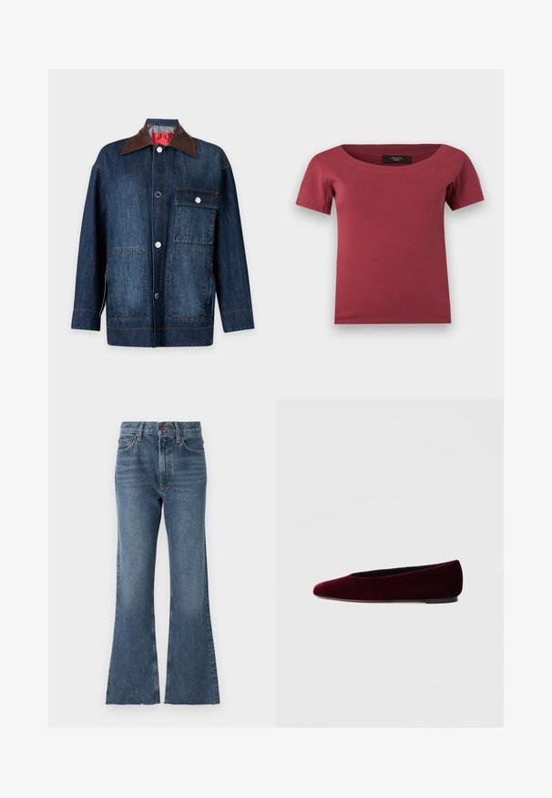 Veste en jean bleu foncé à manches longues avec col en cuir marron, fermeture à boutons devant, une poche poitrine avec rabat et deux poches plaquées inférieures.; Haut pour femmes à manches courtes, de couleur rose foncé, avec un large décolleté en arrondi et une coupe ajustée, posé à plat sur un fond blanc.; Jean flare en denim de lavage bleu moyen avec une taille haute, présentant un style traditionnel à cinq poches et un ourlet effiloché en bas.; Ballerines en velours bordeaux avec un bout arrondi et un talon bas, présentant une texture lisse et un design élégant.