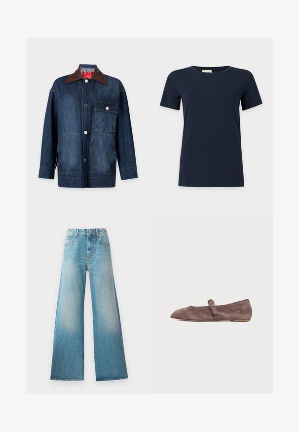 Chaqueta vaquera azul oscuro de manga larga con cuello de cuero marrón, cierre frontal con botones, un bolsillo en el pecho con solapa y dos bolsillos inferiores de parche.; Camiseta azul marino lisa de manga corta con cuello redondo sobre un fondo gris claro.; Jeans de mezclilla de tiro alto en denim azul claro, con piernas anchas, diseño de cinco bolsillos y un ligero desvanecimiento a lo largo de los muslos. Detalles de herrajes en color cobre.; Zapato plano Mary Jane de ante marrón con punta puntiaguda y una pequeña hebilla dorada en una banda sobre fondo blanco.
