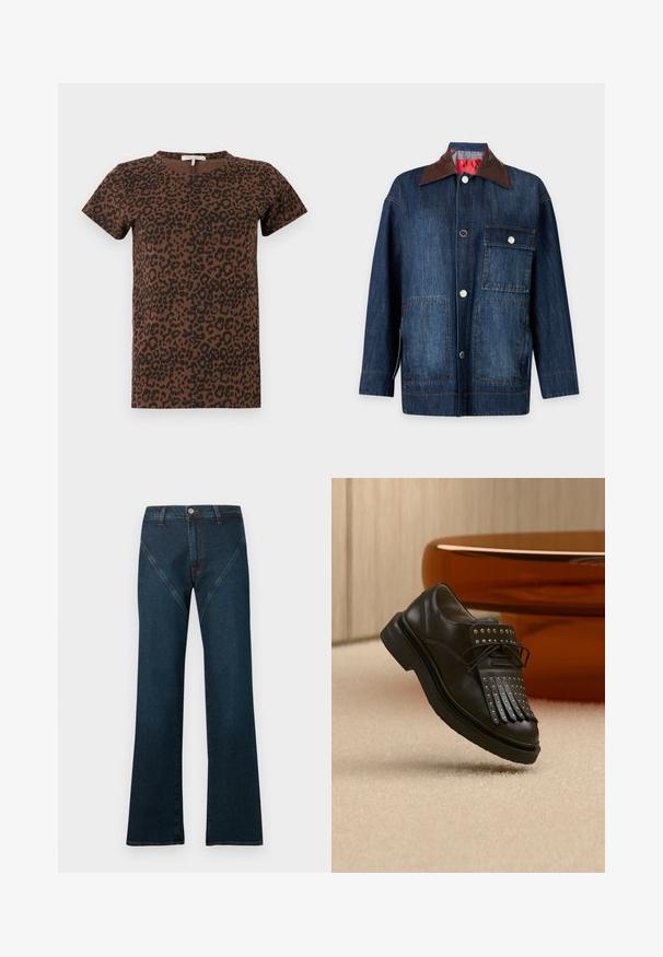 Veste en jean bleu foncé à manches longues avec col en cuir marron, fermeture à boutons devant, une poche poitrine avec rabat et deux poches plaquées inférieures.; T-shirt marron avec un motif léopard noir, col rond, manches courtes, en tissu doux, présentant une coupe décontractée sans éléments métalliques visibles.; Jean évasé bleu foncé en denim, avec une taille haute, des surpiqûres contrastées et un design unique de poche avant inclinée.; Chaussure en cuir noire à lacets avec franges décoratives et clous métalliques posée sur un tapis beige près d'un meuble marron.