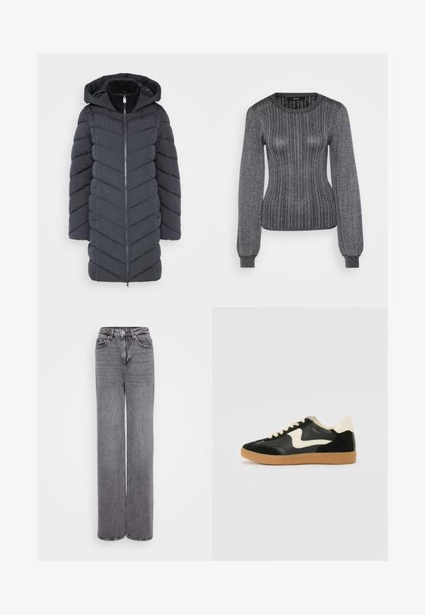 Mørkegrå pufferjakke med hætte, der har en lynlåslukning fortil og et chevron-quiltet mønster. Lavet af et glat, struktureret stof.; Vero Moda Tall VMTALIA O NECK - Striktrøje - black/silver-coloured; Grå højtaljede jeans med lige ben, knap- og lynlåslukning, fem lommer og en tekstureret denimfinish.; Sorte ruskinds- og lædersneakers med en cremefarvet side-swoosh og lys cremefarvet hæl. Har beige snørebånd og en gummirubber-sål.