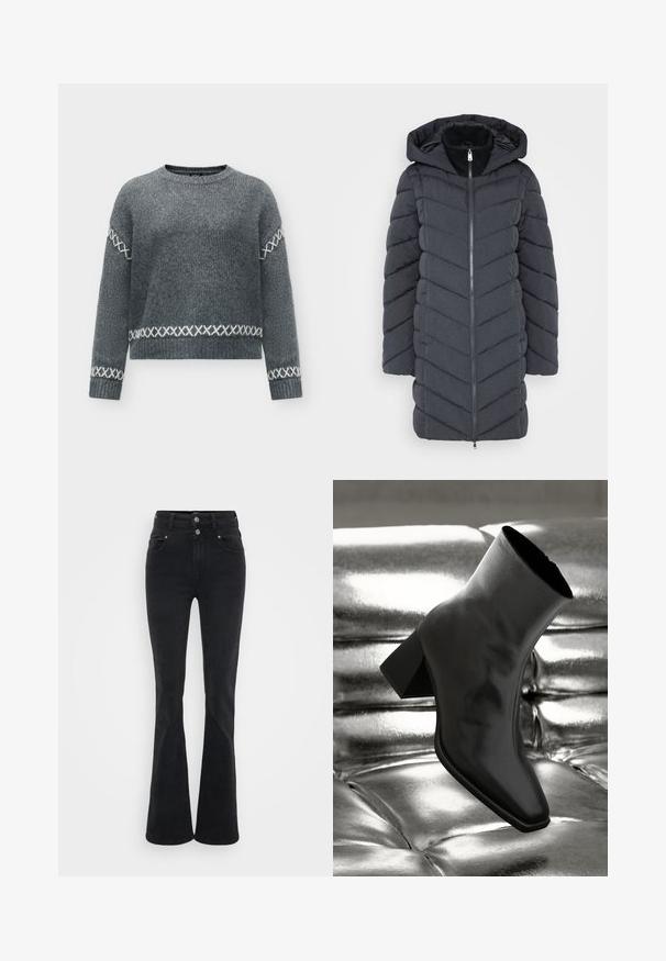 Manteau rembourré gris foncé avec capuche, doté d'une fermeture éclair à l'avant et d'un motif en chevrons. Fabriqué en tissu lisse et texturé.; Pull gris tricoté à manches longues avec motifs en point de croix blancs sur les manches, les poignets et près de l'ourlet, avec un col rond.; Jean évasé noir en denim, avec une taille haute, deux boutons et des poches avant. Le tissu a une texture lisse avec une légère élasticité.; Botte noire à la cheville en matériau brillant avec un bout carré et un talon effilé, sur un fond argenté brillant et capitonné.