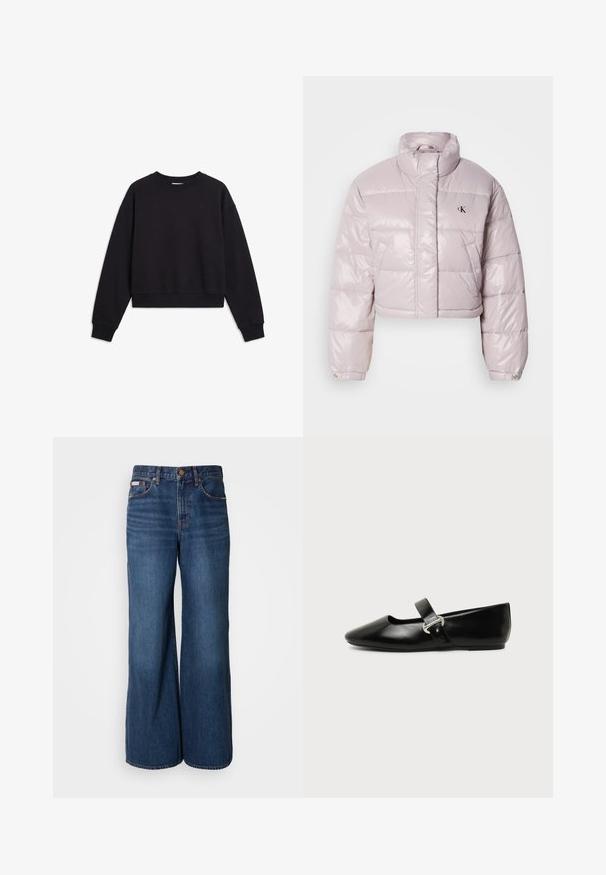 Veste matelassée raccourcie en tissu rose clair brillant, avec un col montant, des coutures diagonales et un petit logo noir sur la poitrine.; Sweat-shirt noir manches longues col rond avec poignets et ourlet côtelés, avec un petit logo "ck" sur la poitrine gauche.; Jean large en denim bleu foncé. Les caractéristiques incluent une taille haute, cinq poches et des coutures contrastantes orange le long des coutures.; Chaussure plate Mary Jane en cuir noir avec bout arrondi et bride à boucle argentée sur fond uni.