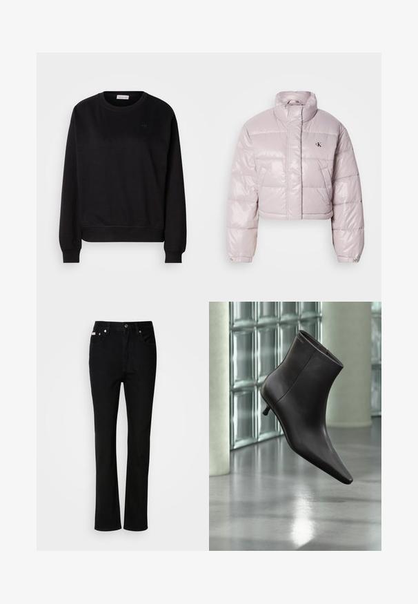 Chaqueta acolchada recortada en un tejido brillante de color rosa claro, con un collar alto, costuras diagonales y un pequeño logo negro en el pecho.; Sudadera negra hecha de material suave, con cuello redondo, puños acanalados y un pequeño logotipo de CK en el pecho. Diseño simple y minimalista.; Vaqueros negros de pierna recta con botón y cremallera en la parte delantera, pasadores para cinturón y estilo de cinco bolsillos.; Bota de cuero negro para el tobillo con puntera puntiaguda y tacón pequeño, exhibida frente a una pared de bloques de vidrio y un suelo pulido.