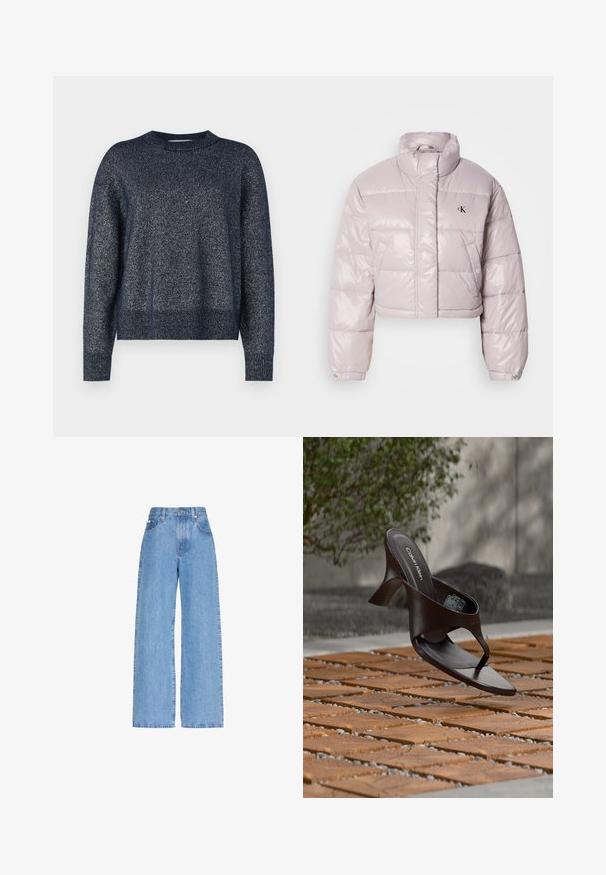 Veste matelassée raccourcie en tissu rose clair brillant, avec un col montant, des coutures diagonales et un petit logo noir sur la poitrine.; Pull en maille bleu marine avec un col rond, des manches longues et une finition texturée avec des fils métalliques subtils.; Jean en denim bleu clair taille haute avec jambes larges, poches avant, passants de ceinture et fermeture par bouton.; Sandale à talon marron Calvin Klein suspendue au-dessus d'un sol extérieur en dalles de bois et gravier avec un arrière-plan flou de verdure et de pierres.