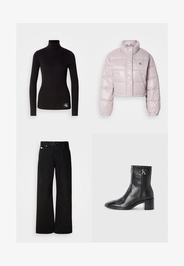 Veste matelassée raccourcie en tissu rose clair brillant, avec un col montant, des coutures diagonales et un petit logo noir sur la poitrine.; Pull à col roulé noir côtelé avec des manches longues et une silhouette ajustée ; présente un écusson de logo en bas à gauche.; Jean large noir en coton. Présente des poches avant, une fermeture à bouton, et une texture denim classique. Design minimaliste sans motifs.; Botte de cheville en cuir noir avec un bout pointu, un talon carré et une sangle avec un détail de logo métallique. Texture lisse et design minimaliste.