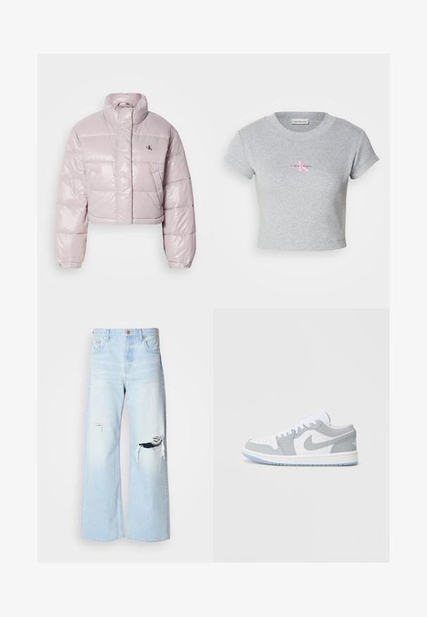 Afkortet pufferjakke i glat lyserød stof, med en høj krave, skrå syninger og et lille sort logo på brystet.; Grå cropped t-shirt lavet af bomuld, med ribbet tekstur og korte ærmer. Viser et rosa Calvin Klein-logo på forsiden.; Lyseblå brede jeans lavet af denim, med høj talje, store revner ved knæene og et klassisk fem-lomme design med kobberhardware.; Nike-sneakers med en blanding af gråt og hvidt læder, perforeret tå, snørebånd og en lys blå ydersål med logodetaljer.