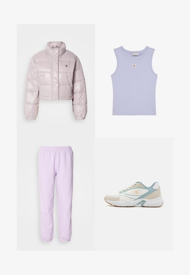 Chaqueta acolchada recortada en un tejido brillante de color rosa claro, con un collar alto, costuras diagonales y un pequeño logo negro en el pecho.; Top corto sin mangas acanalado en lila con escote redondo y pequeño parche con el logo de Calvin Klein en rojo y blanco en el pecho.; Pantalones de chándal morados claros hechos de tela suave, con cintura elástica y puños elásticos en los tobillos. Diseño simple, sin patrones.; Zapatilla blanca y azul claro con materiales de malla y sintéticos, que cuenta con una suela texturizada, forma redondeada y acentos con patrones.