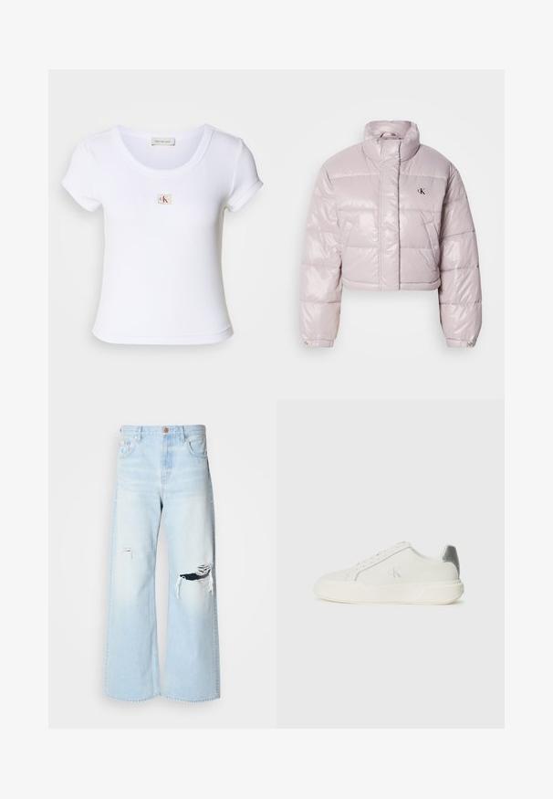 Chaqueta acolchada recortada en un tejido brillante de color rosa claro, con un collar alto, costuras diagonales y un pequeño logo negro en el pecho.; Camiseta ajustada blanca hecha de tela acanalada, con un cuello redondo y mangas cortas. Un pequeño logo de CK está bordado en el pecho.; Pantalones vaqueros de pierna ancha en azul claro, confeccionados en denim, con una cintura alta, grandes desgastes en las rodillas y un diseño clásico de cinco bolsillos con herrajes de cobre.; Zapatilla blanca de cuero con textura suave, que presenta un acento plateado en el talón, suela plana y un diseño minimalista.