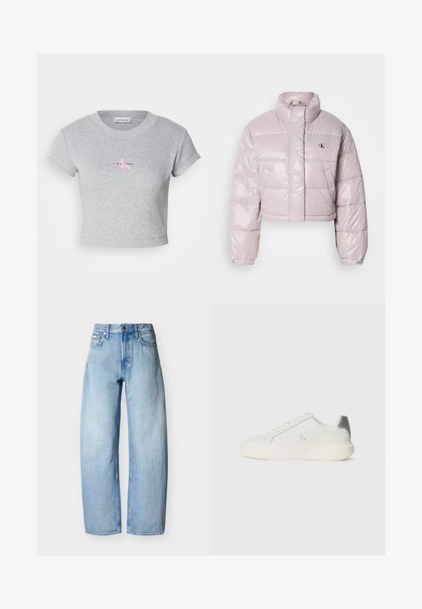 Afkortet pufferjakke i glat lyserød stof, med en høj krave, skrå syninger og et lille sort logo på brystet.; Grå cropped t-shirt lavet af bomuld, med ribbet tekstur og korte ærmer. Viser et rosa Calvin Klein-logo på forsiden.; Lyseblå straight-leg denim jeans med fem lommer, bæltestropper og lukning med knap foran.; Hvide sneakers lavet af læder med en glat tekstur, forsynet med en sølvaccent på hælen, flad sål og minimalistisk design.