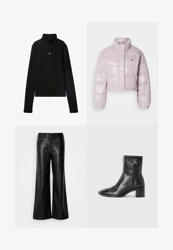 Chaqueta acolchada recortada en un tejido brillante de color rosa claro, con un collar alto, costuras diagonales y un pequeño logo negro en el pecho.; Top negro de cuello alto acanalado de manga larga con un pequeño parche cuadrado con el logo de Calvin Klein centrado en el pecho.; Pantalones de cuero negros de pierna ancha con una textura suave, featuring un cierre frontal con botón, dos bolsillos laterales y detalles de costura mínimos.; Bota de tobillo de cuero negra con punta afilada, tacón cuadrado y una correa con un detalle de logo metálico. Textura suave y diseño minimalista.